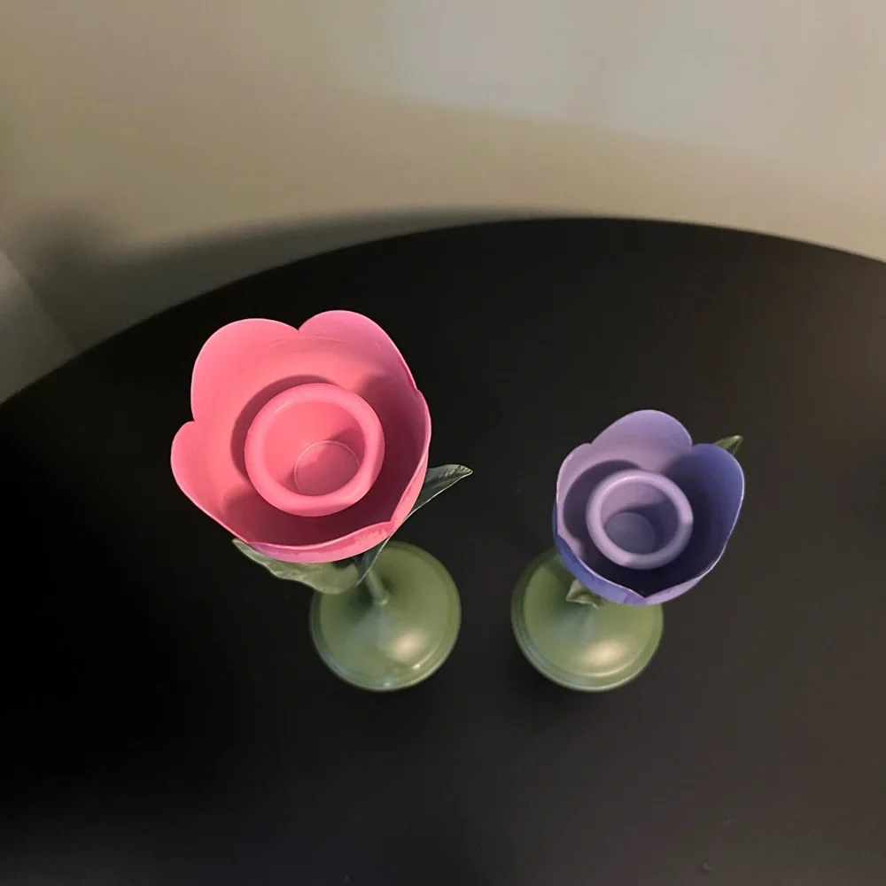 Set of 2 Metal Tulip Candle Holders Pink Purple Flowers Green Stem & Leaves - Picture 2 of 6